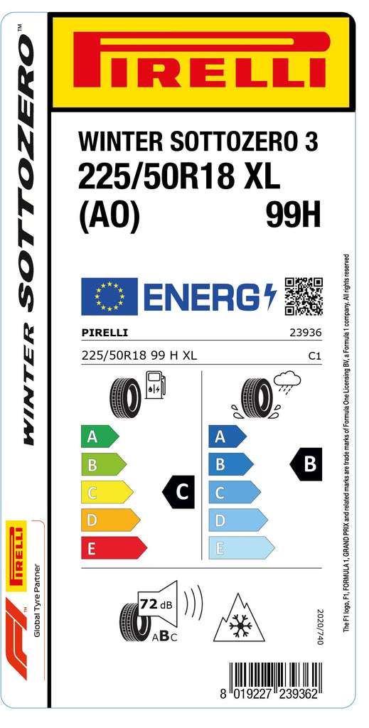 1x Pirelli WINTER SOTTOZERO 3 M+S 3PMSF XL (AO) 225/50 R 18 CAR WINTER TIRE