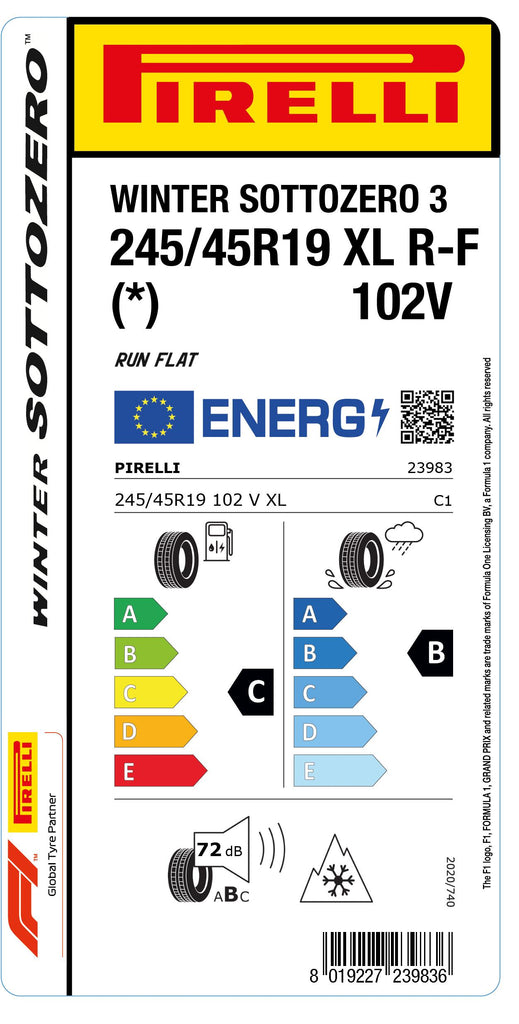 1x Pirelli WINTER SOTTOZERO 3 M+S 3PMSF XL RF (*) 245/45 R 19 PKW-WINTERREIFEN