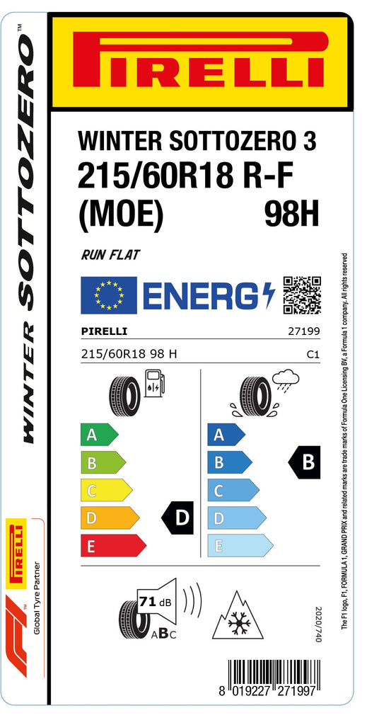 1x Pirelli WINTER SOTTOZERO 3 M+S 3PMSF RF (MOE) 215/60 R 18 PKW-WINTERREIFEN